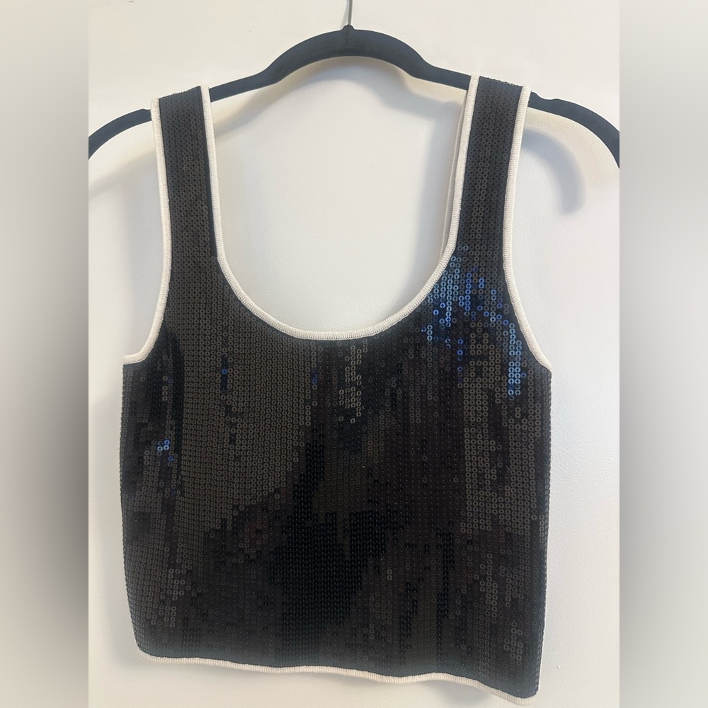 Sandro Black Sequin Top with White Trim